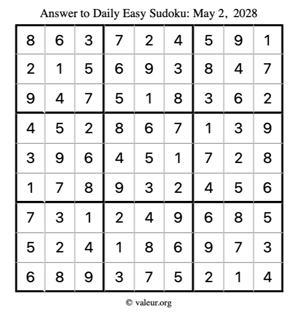 Answer to easy sudoku May 2, 2028