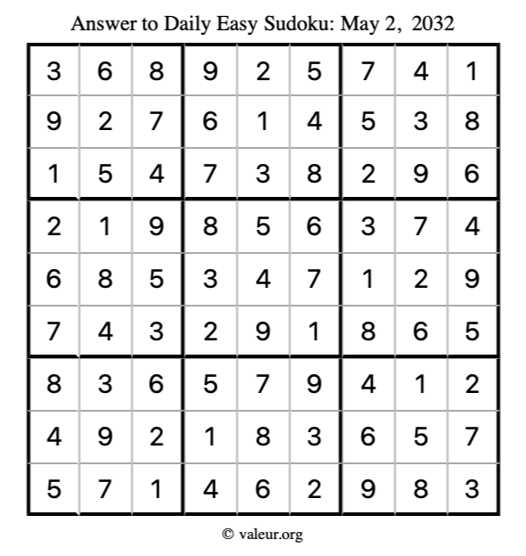 Answer to easy sudoku May 2, 2032