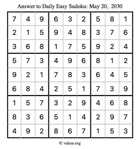 Answer to easy sudoku May 20, 2030