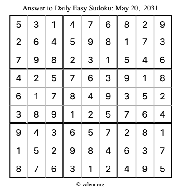 Answer to easy sudoku May 20, 2031