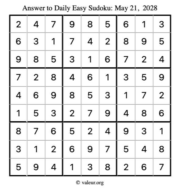 Answer to easy sudoku May 21, 2028