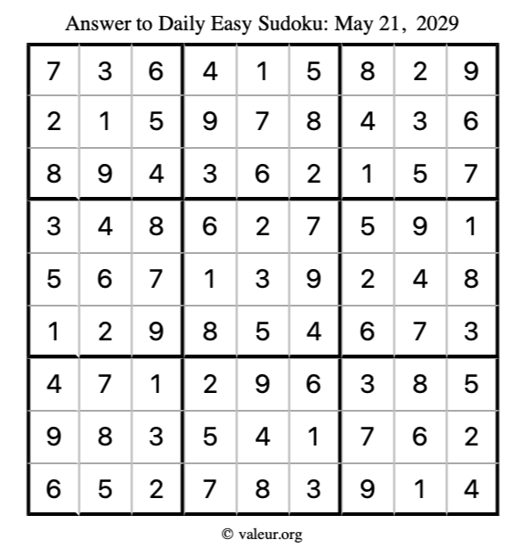 Answer to easy sudoku May 21, 2029