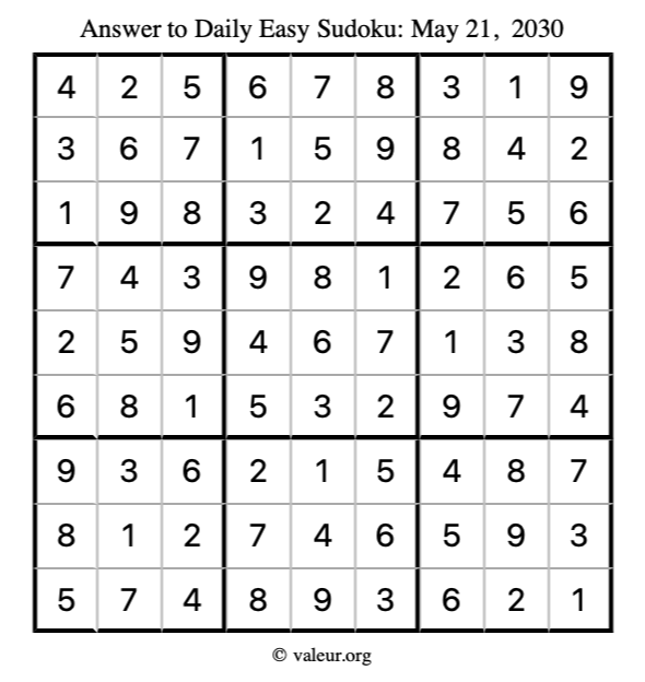 Answer to easy sudoku May 21, 2030