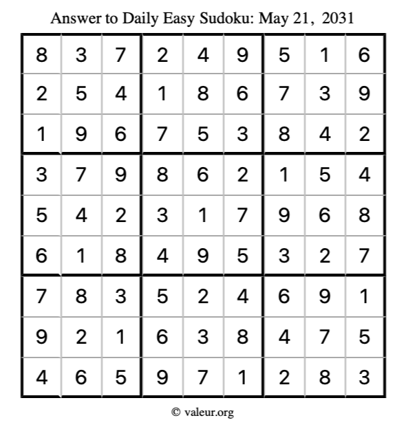 Answer to easy sudoku May 21, 2031