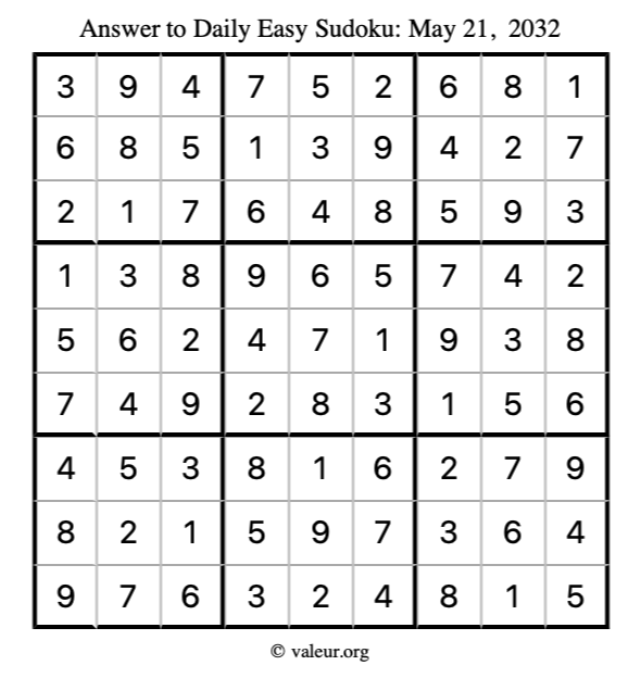Answer to easy sudoku May 21, 2032