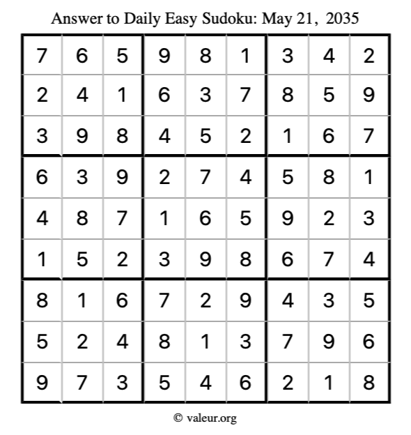 Answer to easy sudoku May 21, 2035