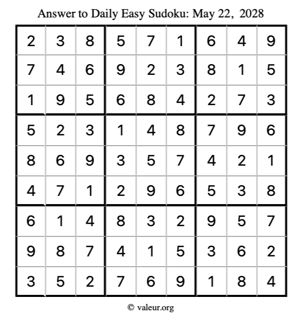 Answer to easy sudoku May 22, 2028