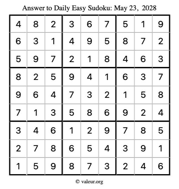 Answer to easy sudoku May 23, 2028