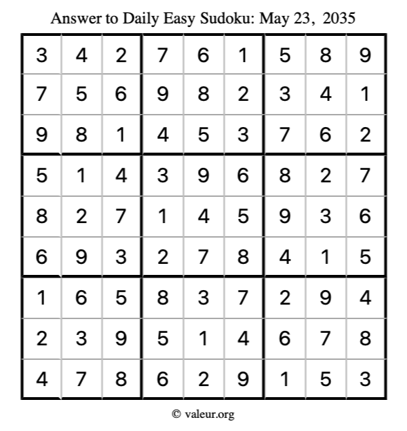 Answer to easy sudoku May 23, 2035