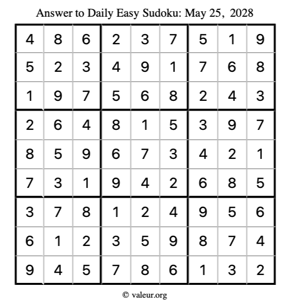 Answer to easy sudoku May 25, 2028