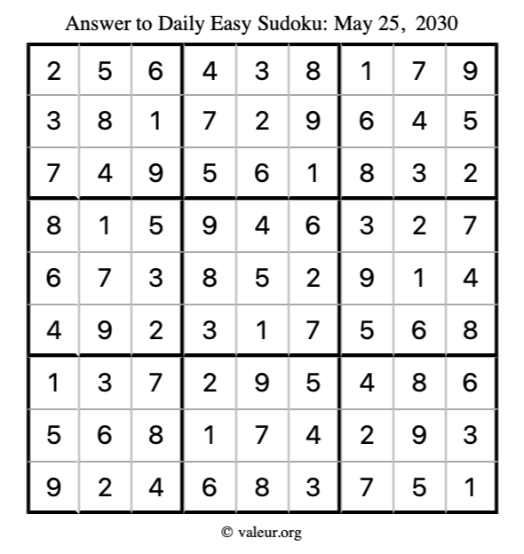Answer to easy sudoku May 25, 2030