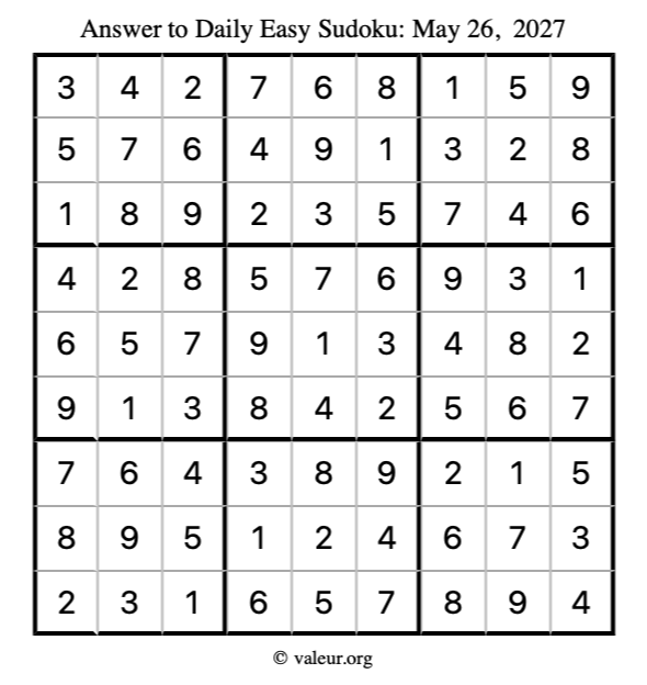 Answer to easy sudoku May 26, 2027