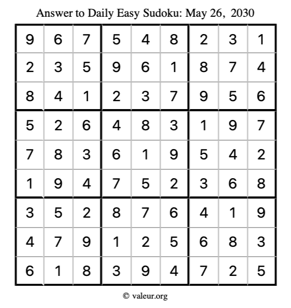 Answer to easy sudoku May 26, 2030