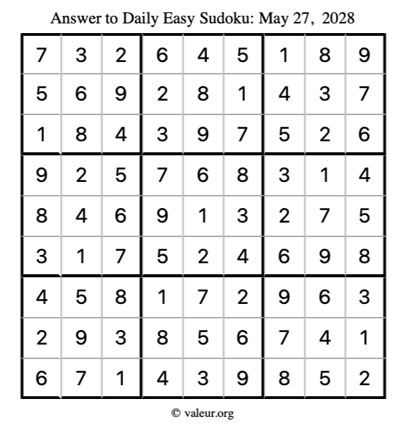 Answer to easy sudoku May 27, 2028
