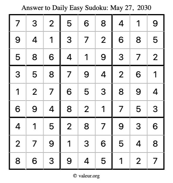 Answer to easy sudoku May 27, 2030