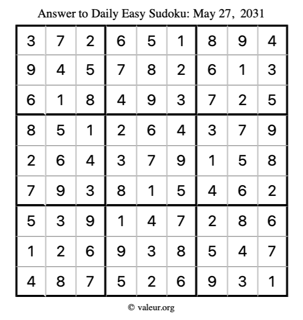 Answer to easy sudoku May 27, 2031