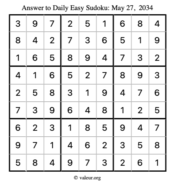 Answer to easy sudoku May 27, 2034