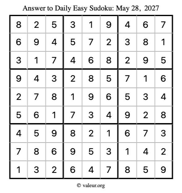 Answer to easy sudoku May 28, 2027
