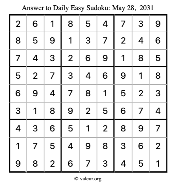 Answer to easy sudoku May 28, 2031