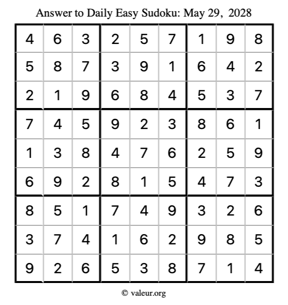 Answer to easy sudoku May 29, 2028