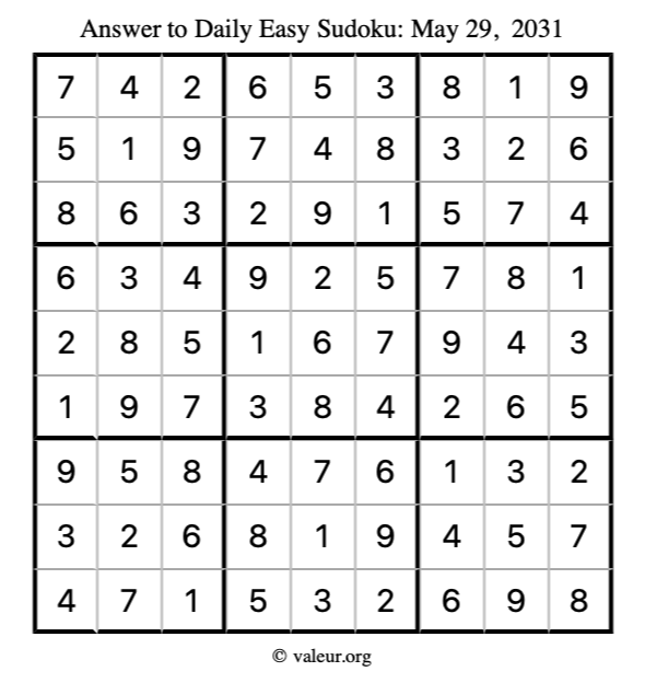 Answer to easy sudoku May 29, 2031