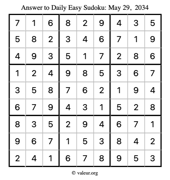 Answer to easy sudoku May 29, 2034