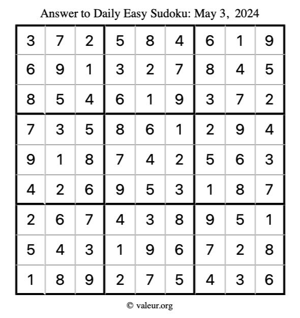 Answer to easy sudoku May 3, 2024