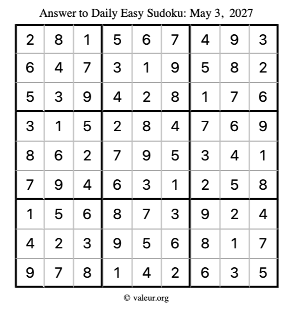 Answer to easy sudoku May 3, 2027