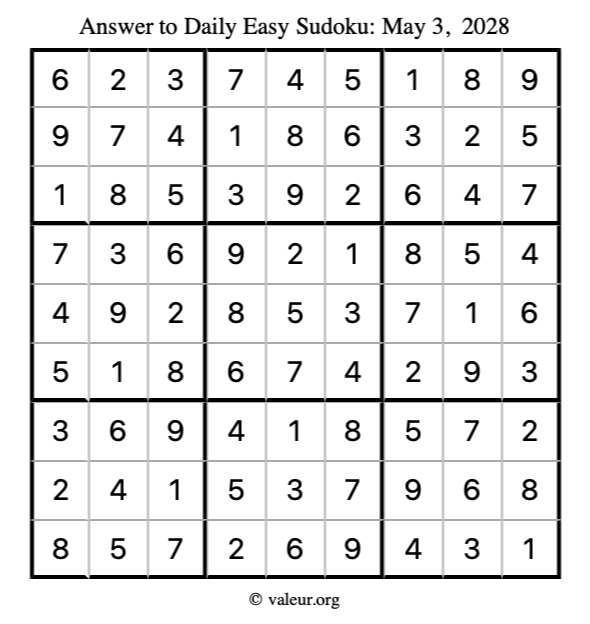 Answer to easy sudoku May 3, 2028