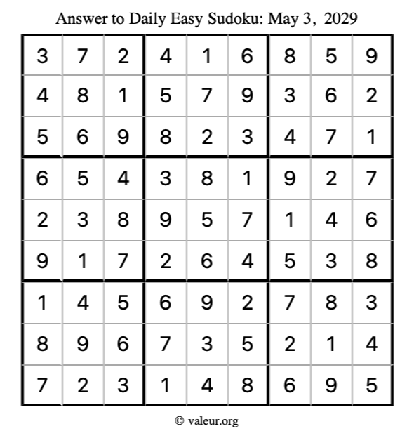 Answer to easy sudoku May 3, 2029