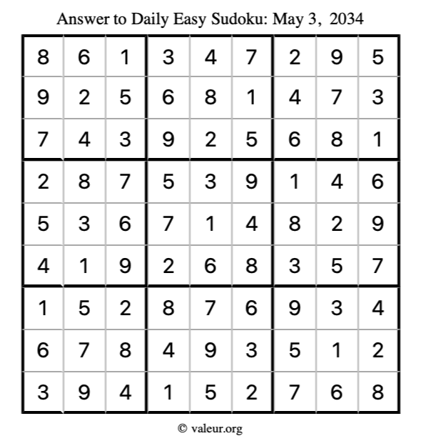 Answer to easy sudoku May 3, 2034