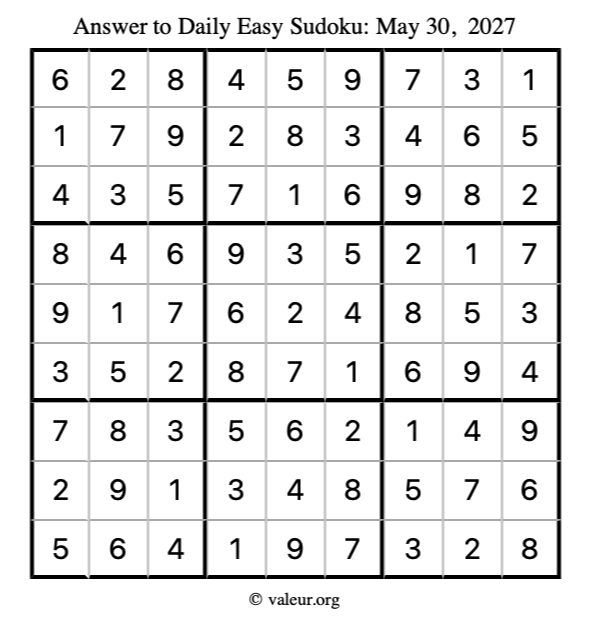 Answer to easy sudoku May 30, 2027