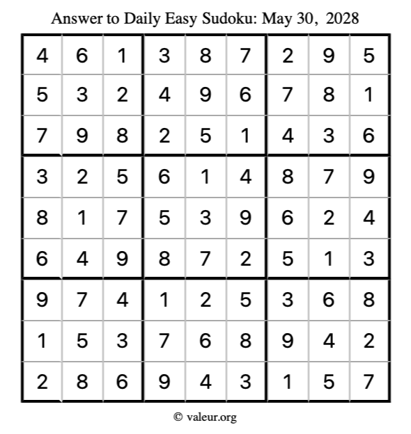 Answer to easy sudoku May 30, 2028
