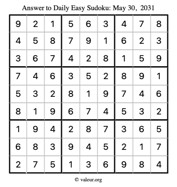 Answer to easy sudoku May 30, 2031