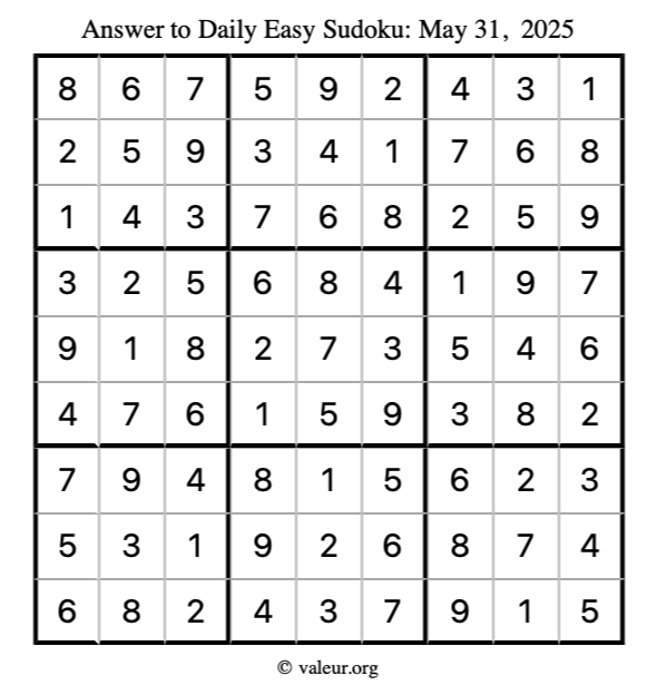 Answer to easy sudoku May 31, 2025
