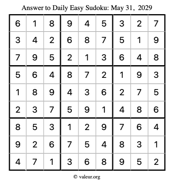 Answer to easy sudoku May 31, 2029