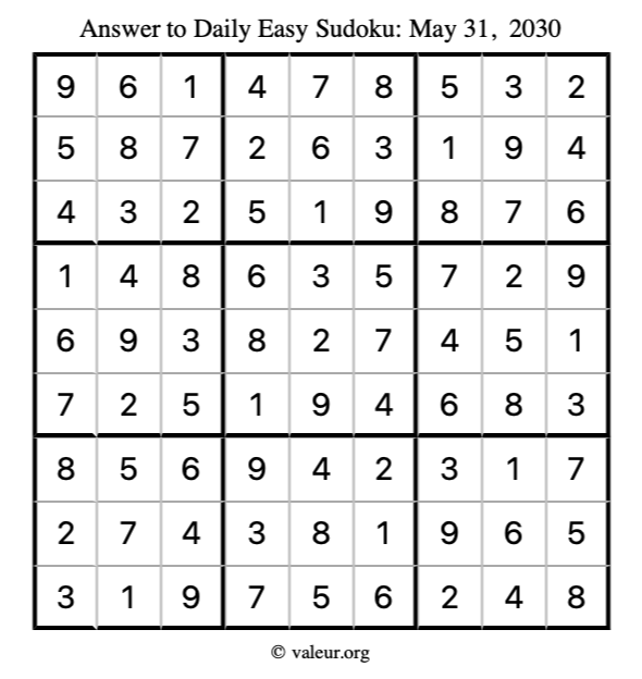 Answer to easy sudoku May 31, 2030
