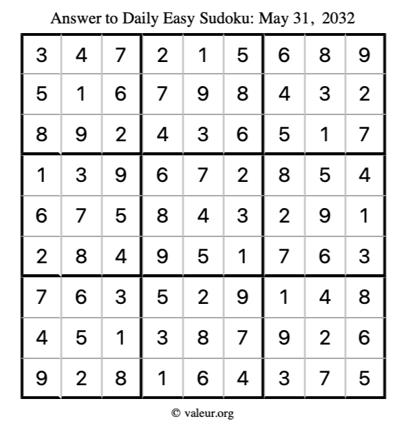 Answer to easy sudoku May 31, 2032