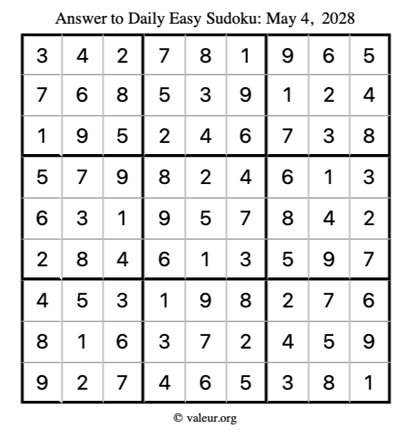 Answer to easy sudoku May 4, 2028