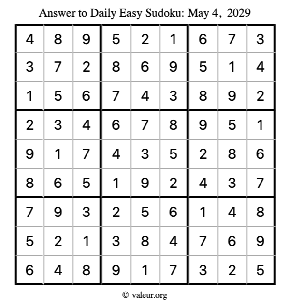 Answer to easy sudoku May 4, 2029