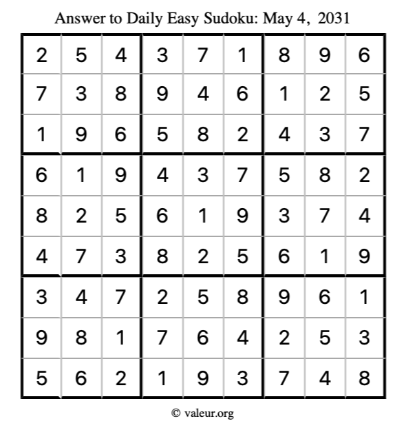 Answer to easy sudoku May 4, 2031