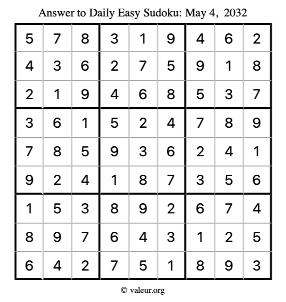 Answer to easy sudoku May 4, 2032