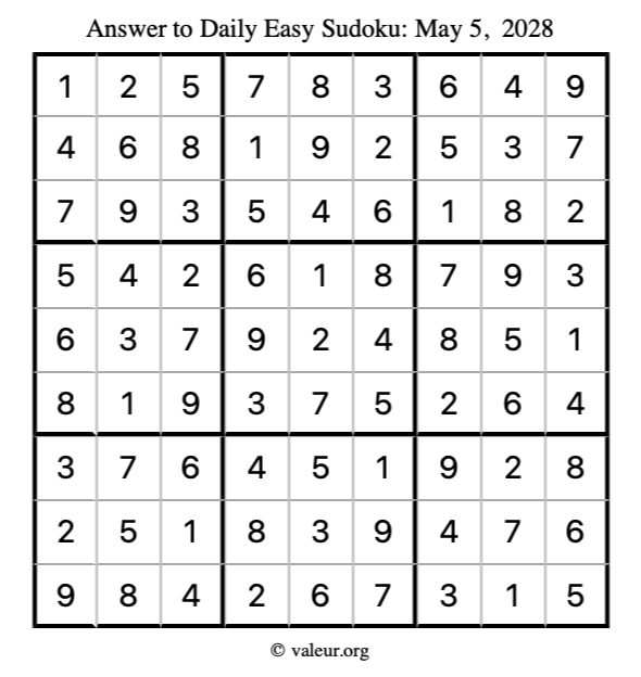 Answer to easy sudoku May 5, 2028