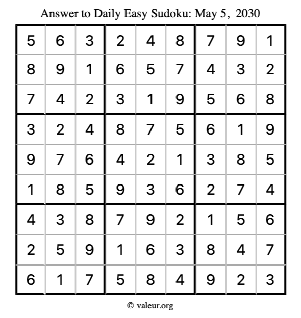 Answer to easy sudoku May 5, 2030