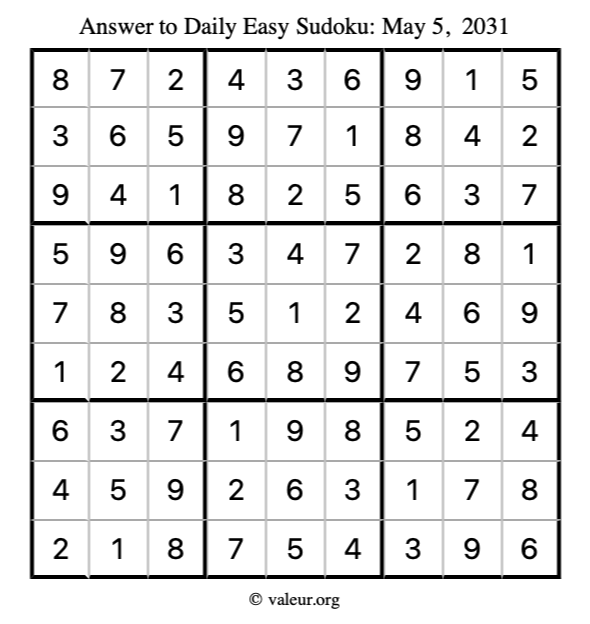 Answer to easy sudoku May 5, 2031