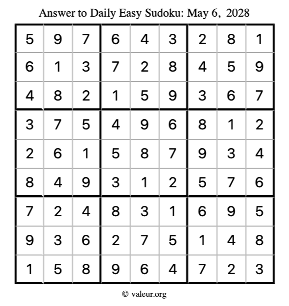 Answer to easy sudoku May 6, 2028