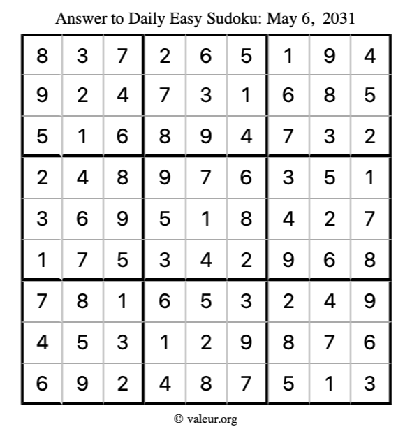 Answer to easy sudoku May 6, 2031