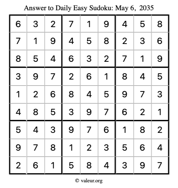 Answer to easy sudoku May 6, 2035