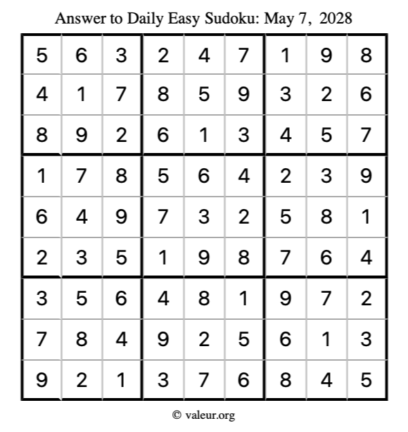 Answer to easy sudoku May 7, 2028