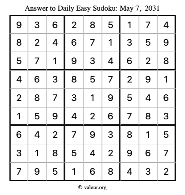 Answer to easy sudoku May 7, 2031